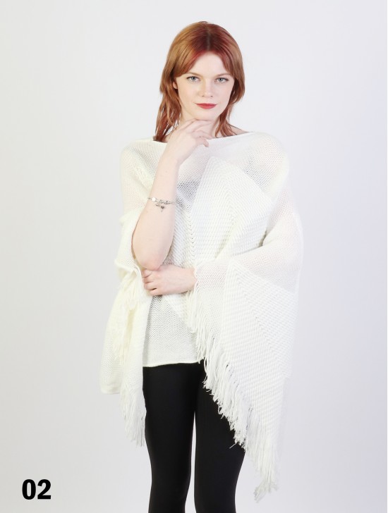 Solid Subtle Panels Poncho W/ Fringe